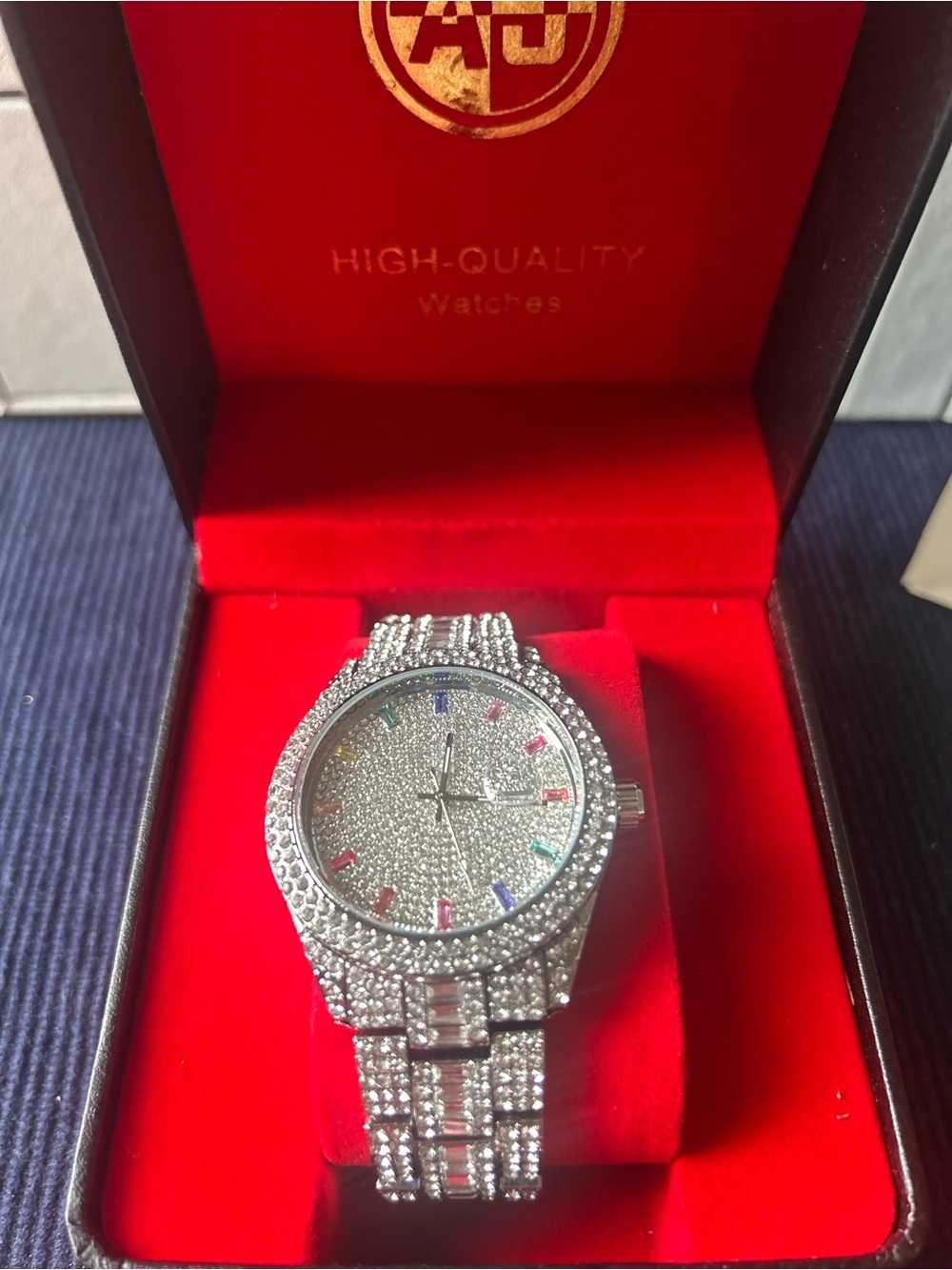 Crystal Pavé Silver Watch with Multicolor Hour Markers